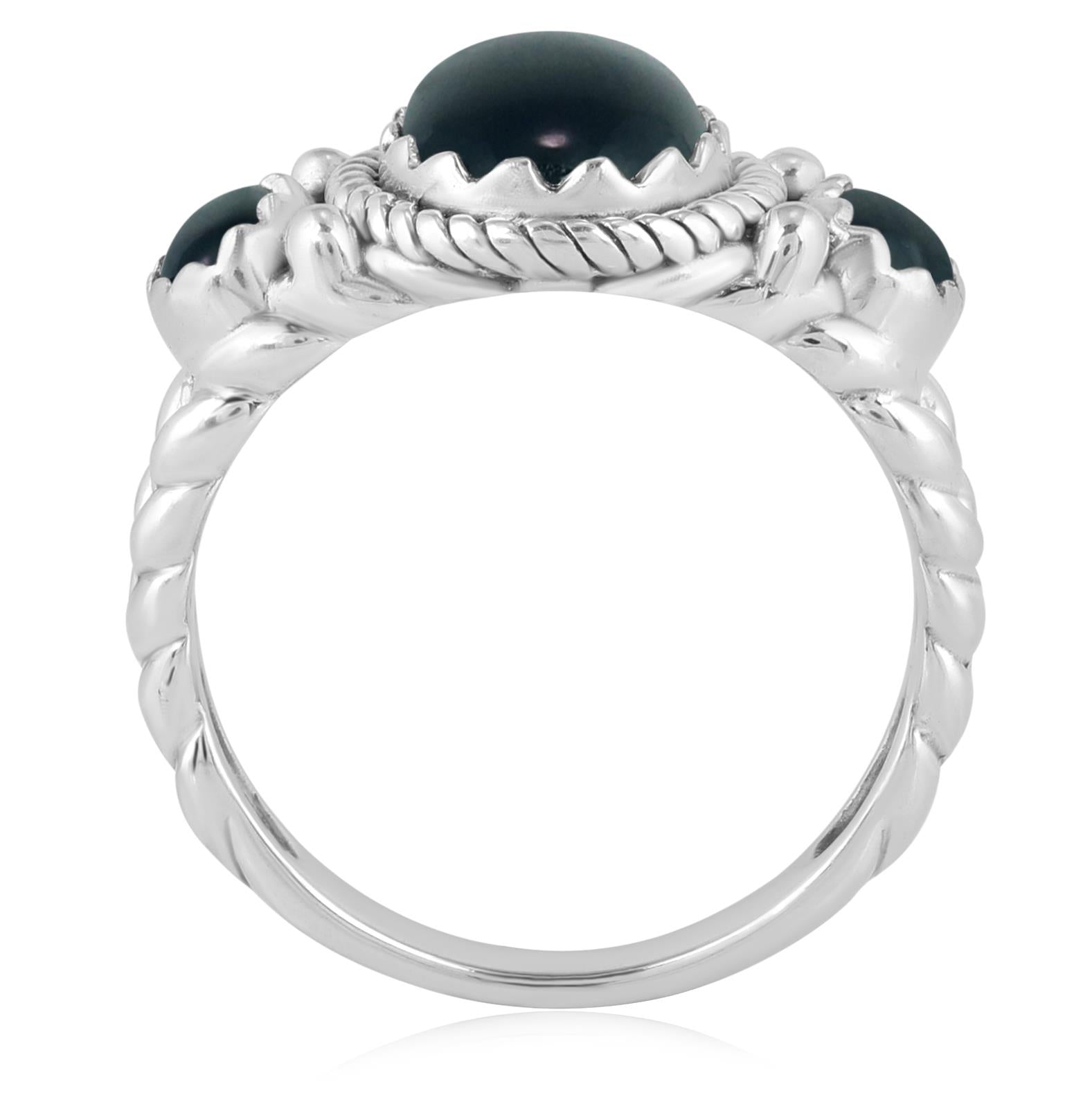 Sterling Silver Black Agate 3-Stone Ring, Sizes 5 to 11