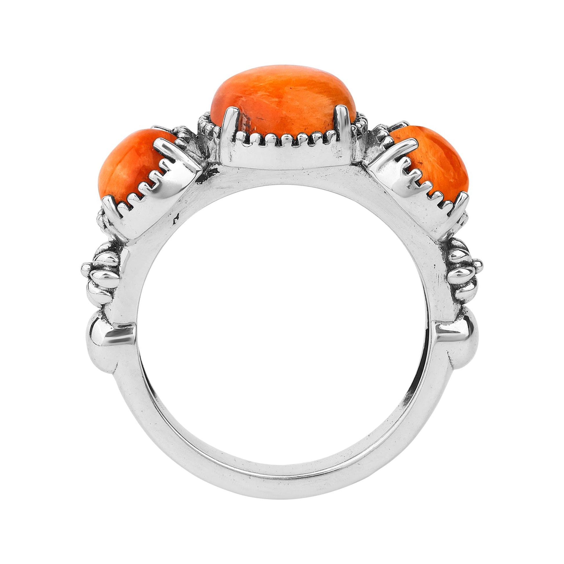 Sterling Silver Orange Spiny Oyster Oval 3 Stone Concha and Bead Ring