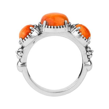 Sterling Silver Orange Spiny Oyster Oval 3 Stone Concha and Bead Ring