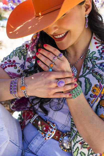 Southwestern Orange Spiny Oyster Sundance Sterling Silver Double Row Cuff Bracelet, Sizes Small - Large