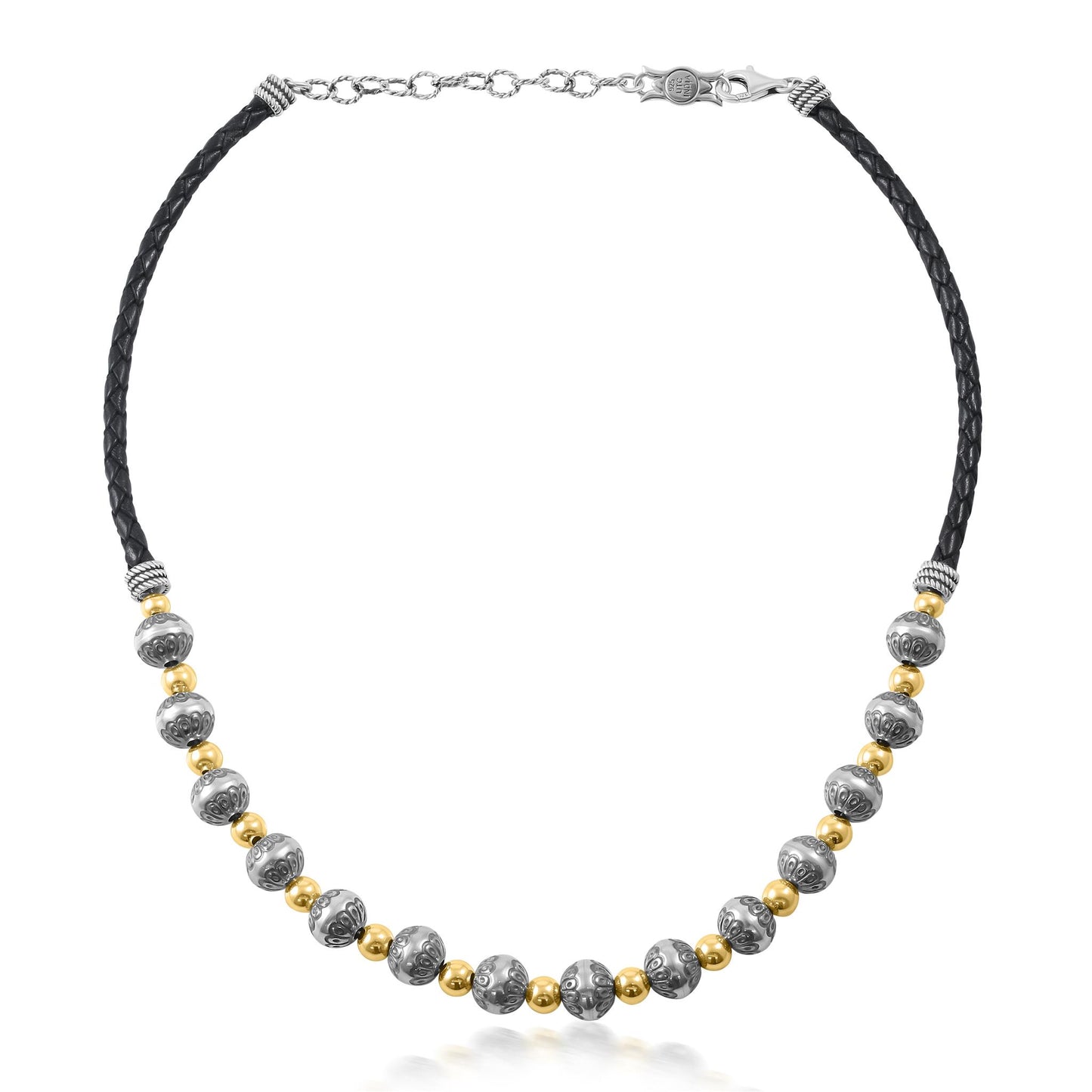 Sterling Silver and 14K Gold Black Leather 2-Tone Native Pearl Beaded Necklace