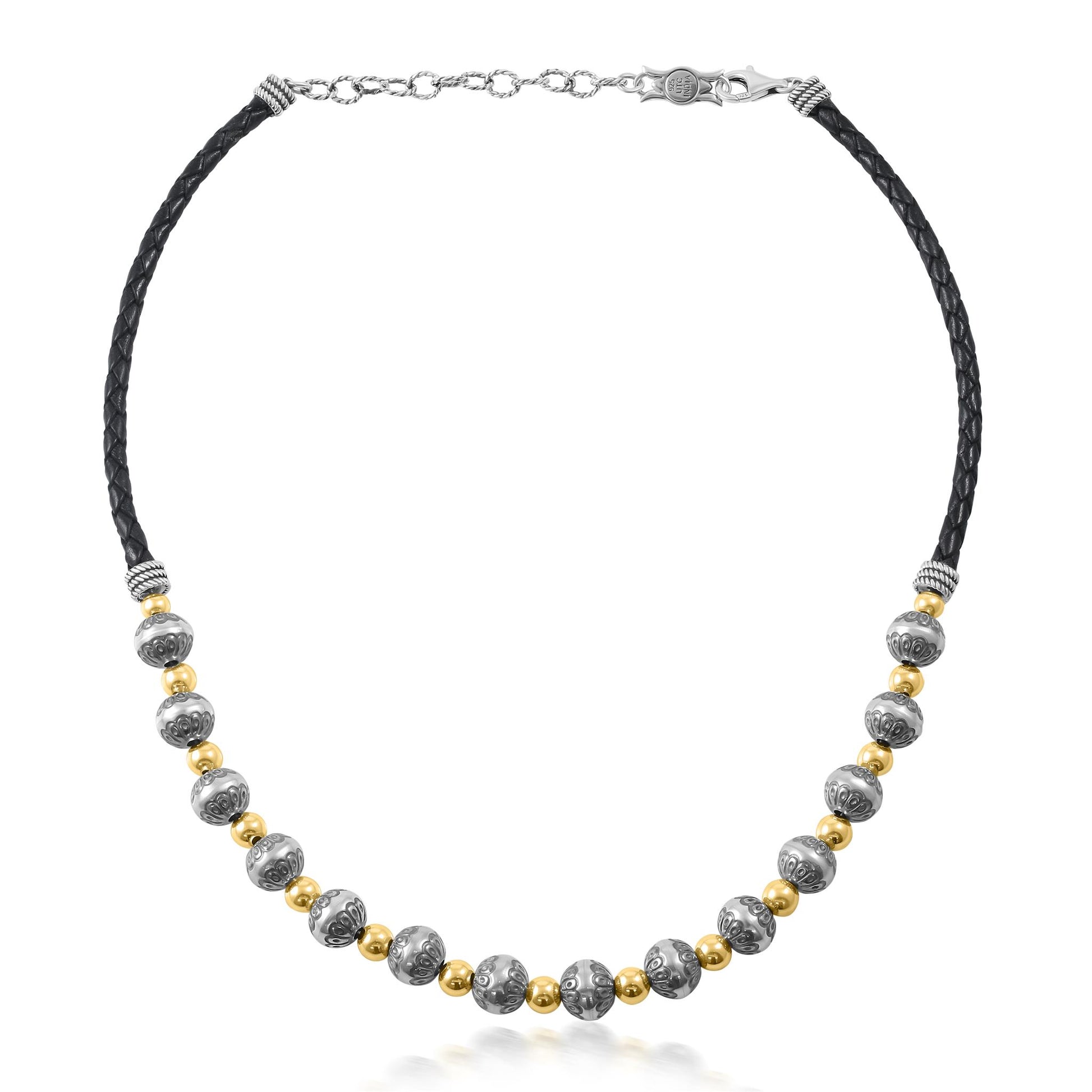 Sterling Silver and 14K Gold Black Leather 2-Tone Native Pearl Beaded Necklace