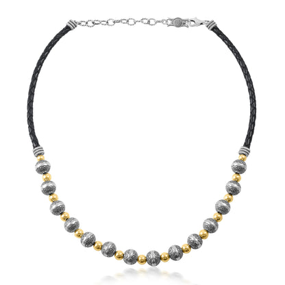 Sterling Silver and 14K Gold Black Leather 2-Tone Native Pearl Beaded Necklace