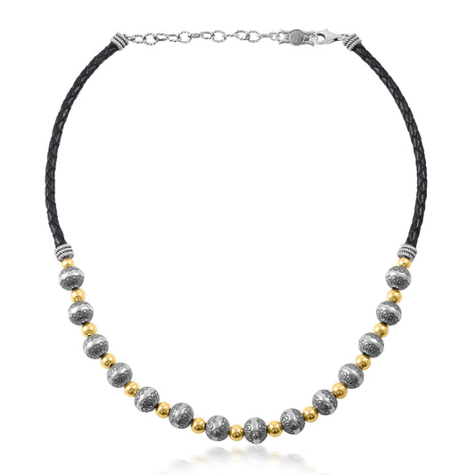 Sterling Silver and 14K Gold Black Leather 2-Tone Native Pearl Beaded Necklace