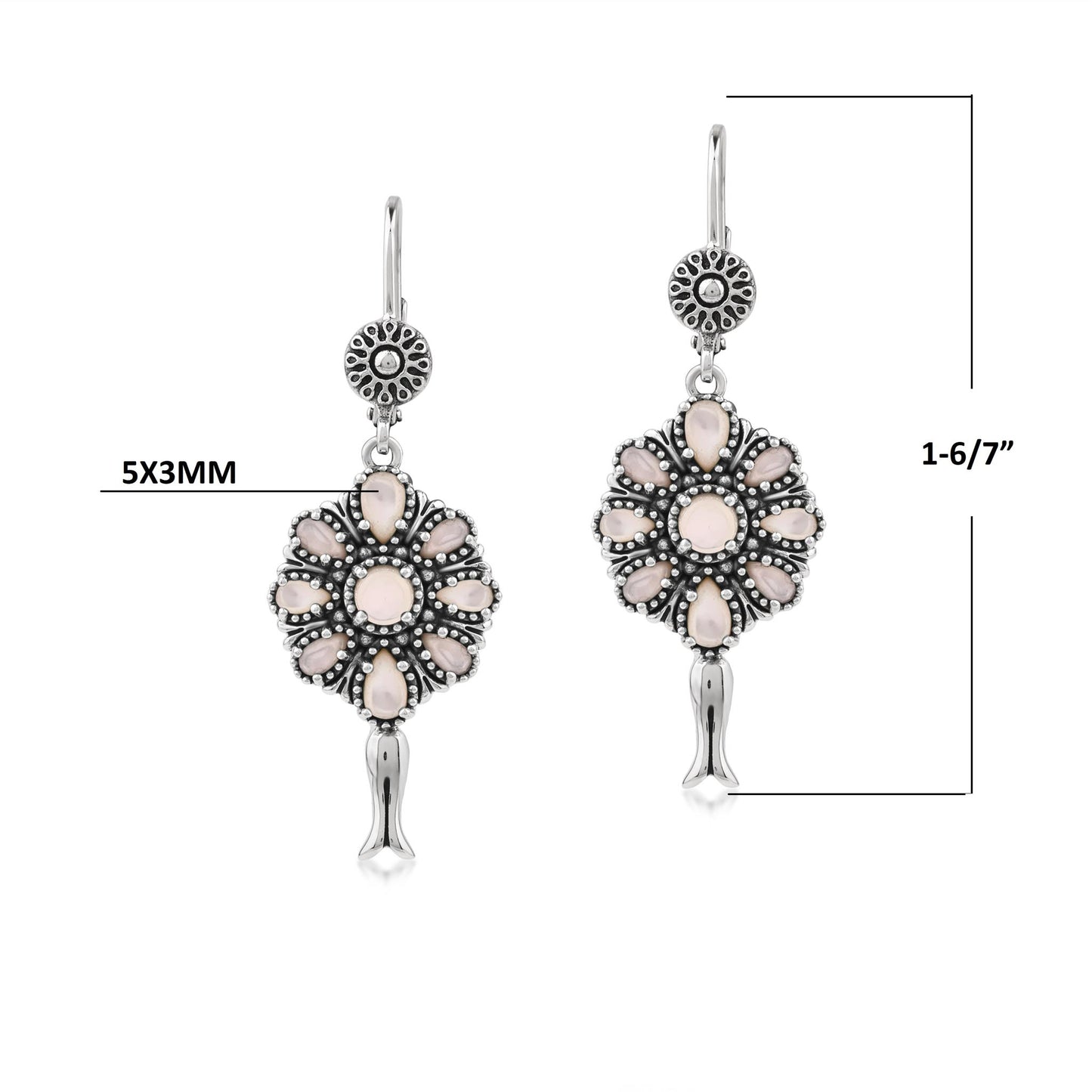  Sterling Silver White Mother of Pearl Flower Cluster Squash Blossom Earrings