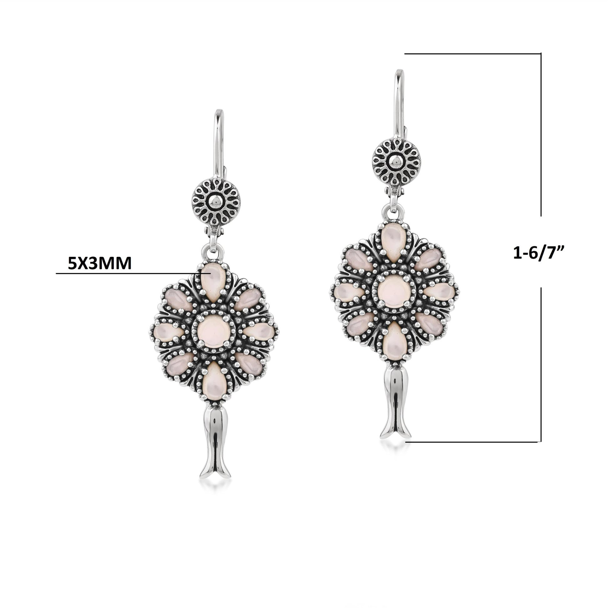  Sterling Silver White Mother of Pearl Flower Cluster Squash Blossom Earrings