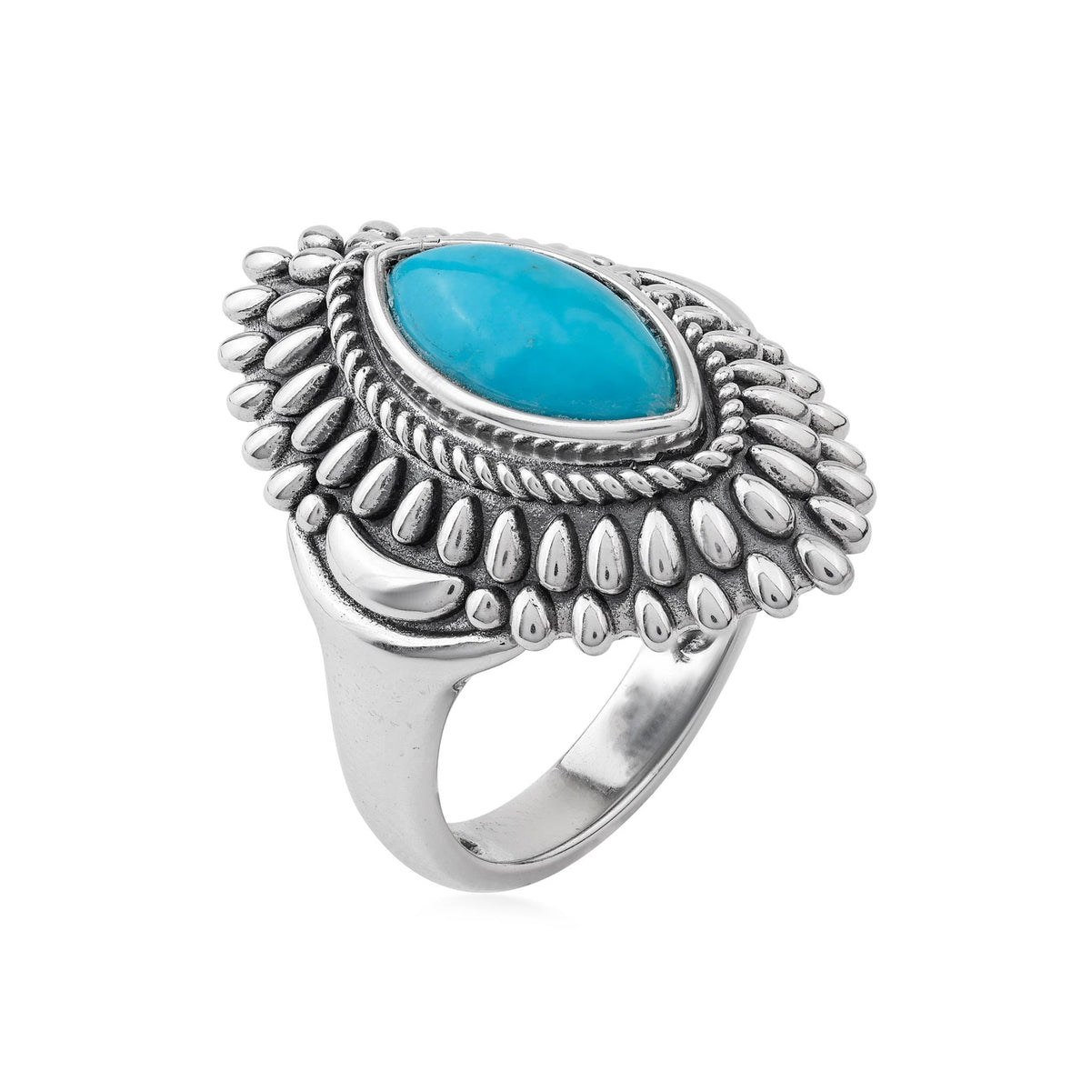 Sterling Silver Kingman Turquoise Marquise Rope and Bead Ring