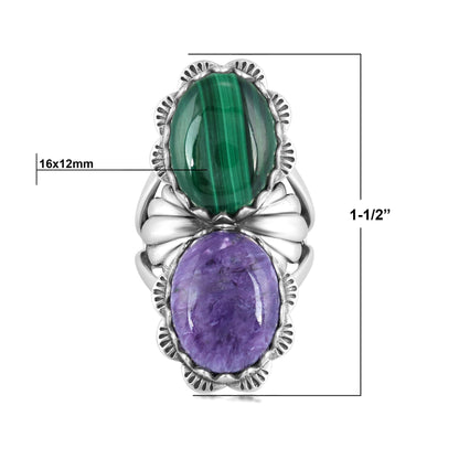 Sterling Silver Oval Charoite and Malachite Scalloped Ring