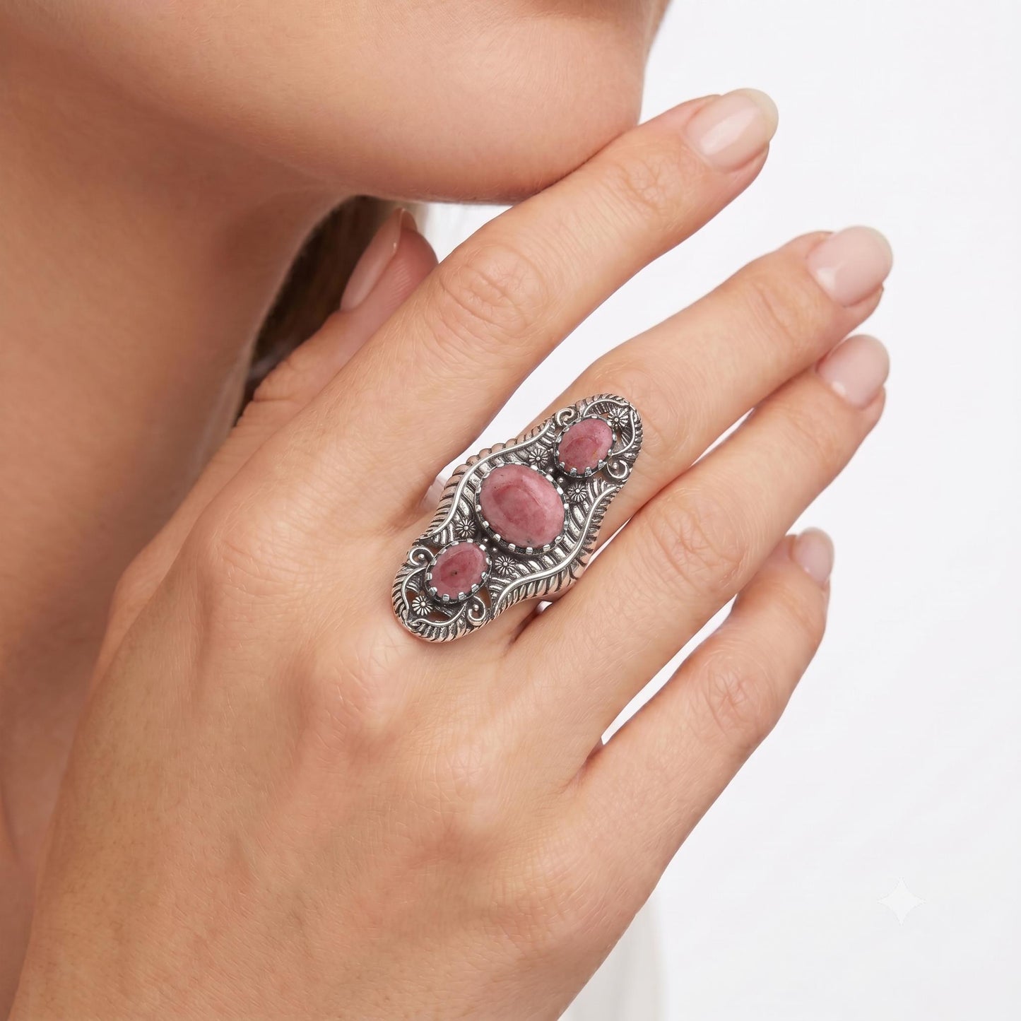 Sterling Silver Rhodonite Leaf and Vine Oval Ring