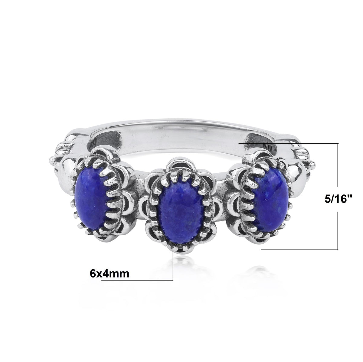 Sterling Silver Lapis Concha 3 Stone Ring, Sizes 5 to 11