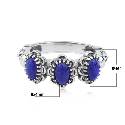 Sterling Silver Lapis Concha 3 Stone Ring, Sizes 5 to 11