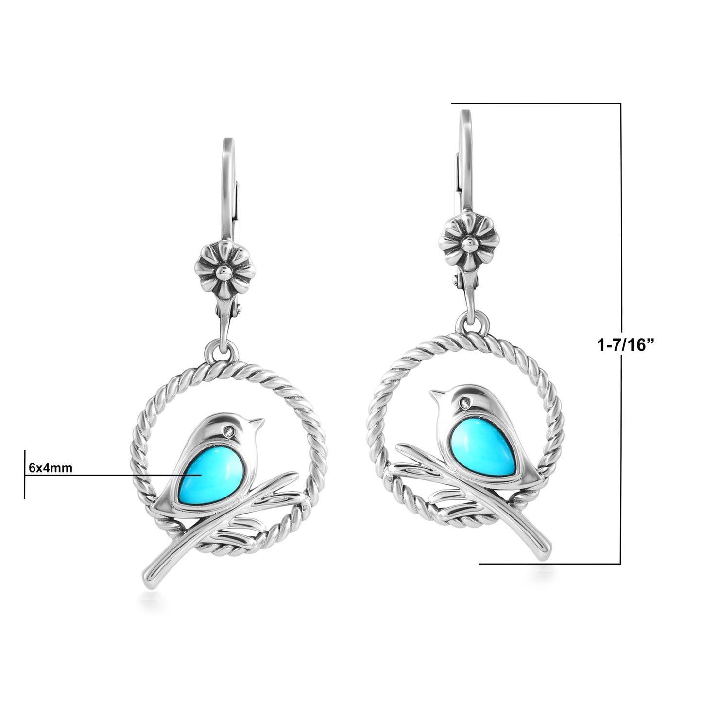 EXCLUSIVELY OURS! Sterling Silver Sleeping Beauty Turquoise Bird and Branch Open Circle Dangle Earrings