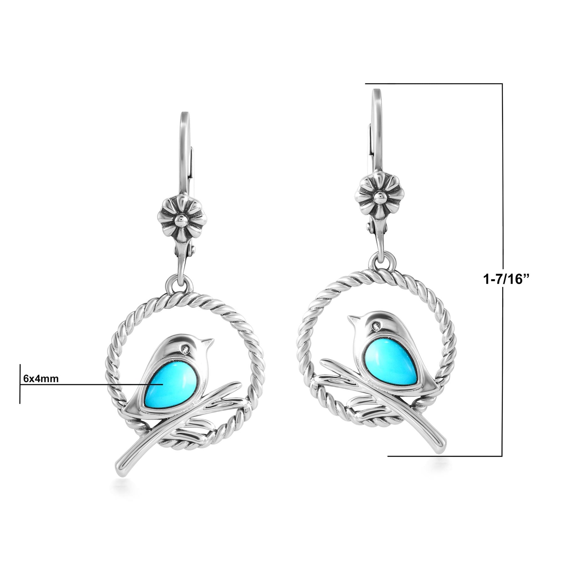 EXCLUSIVELY OURS! Sterling Silver Sleeping Beauty Turquoise Bird and Branch Open Circle Dangle Earrings