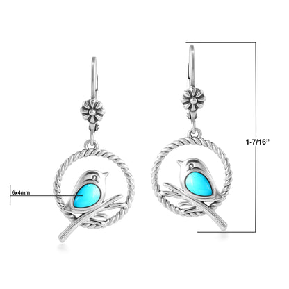 EXCLUSIVELY OURS! Sterling Silver Sleeping Beauty Turquoise Bird and Branch Open Circle Dangle Earrings