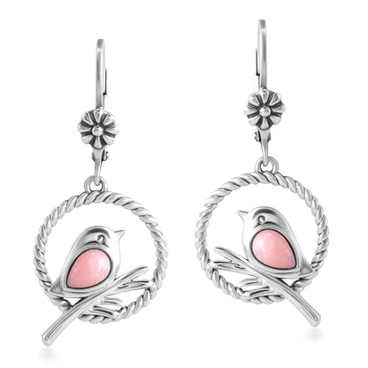 EXCLUSIVELY OURS! Sterling Silver Pink Opal Bird and Branch Open Circle Dangle Earrings