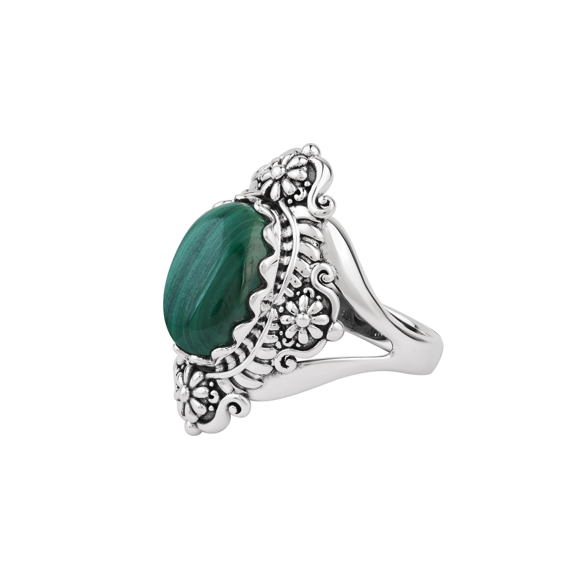  Sterling Silver Malachite Oval Scalloped Concha Ring