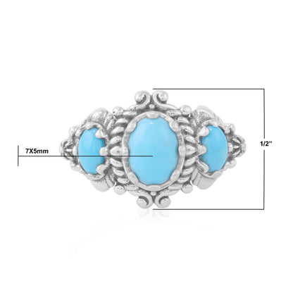 Sterling Silver Kingman Turquoise 3-Stone Oval Scalloped Bezel Ring