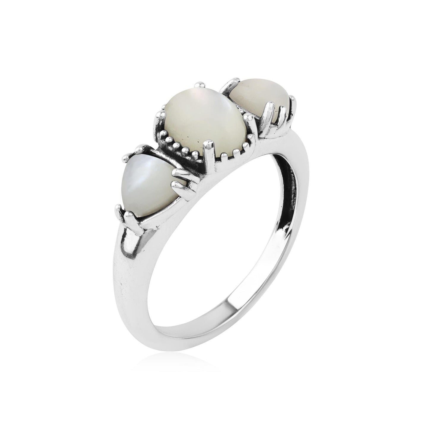  Sterling Silver White Mother of Pearl Oval and Trillion 3-Stone Ring