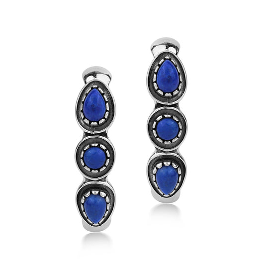 Sterling Silver Lapis Pear and Round Cut Hoop Earrings