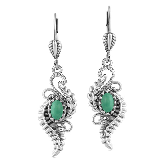 Sterling Silver Green Turquoise Vine and Leaf Dangle Earrings 