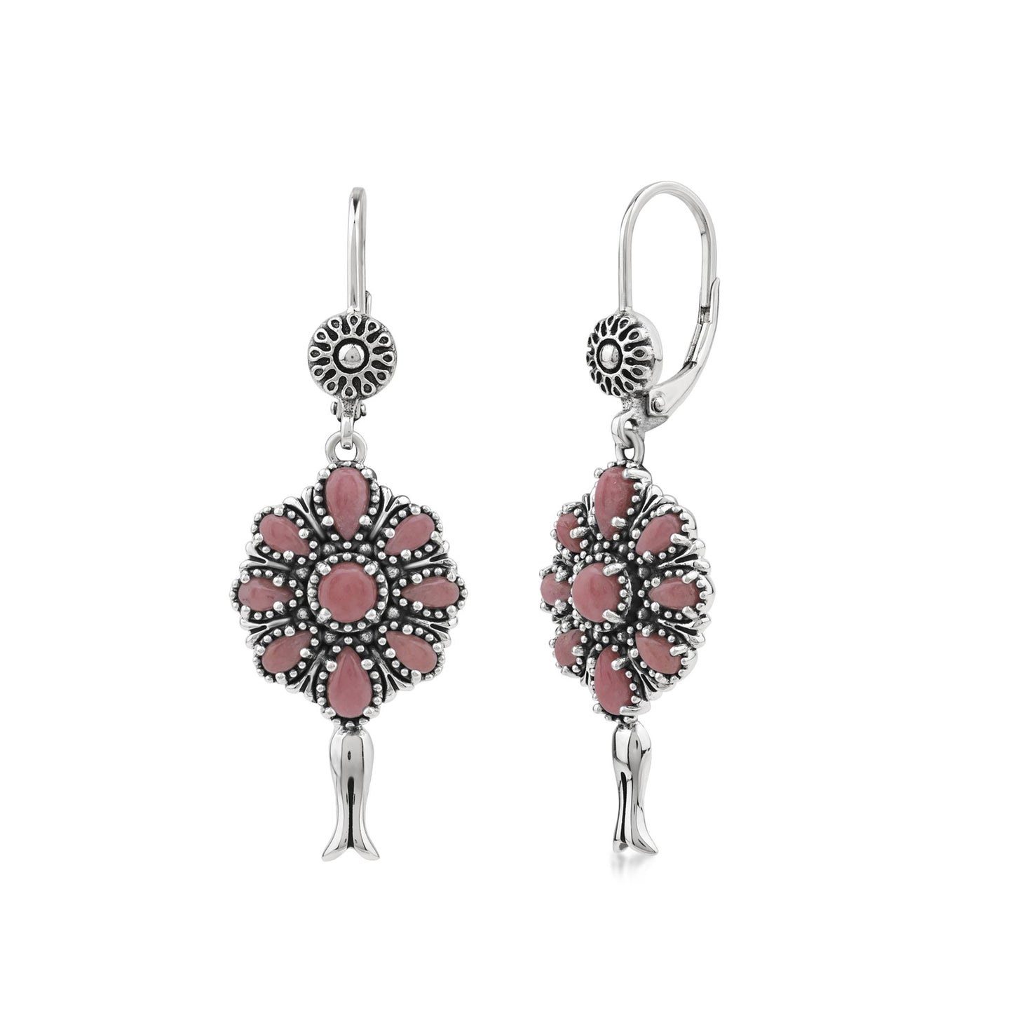  Sterling Silver Rhodonite Flower Cluster Squash Blossom Earrings