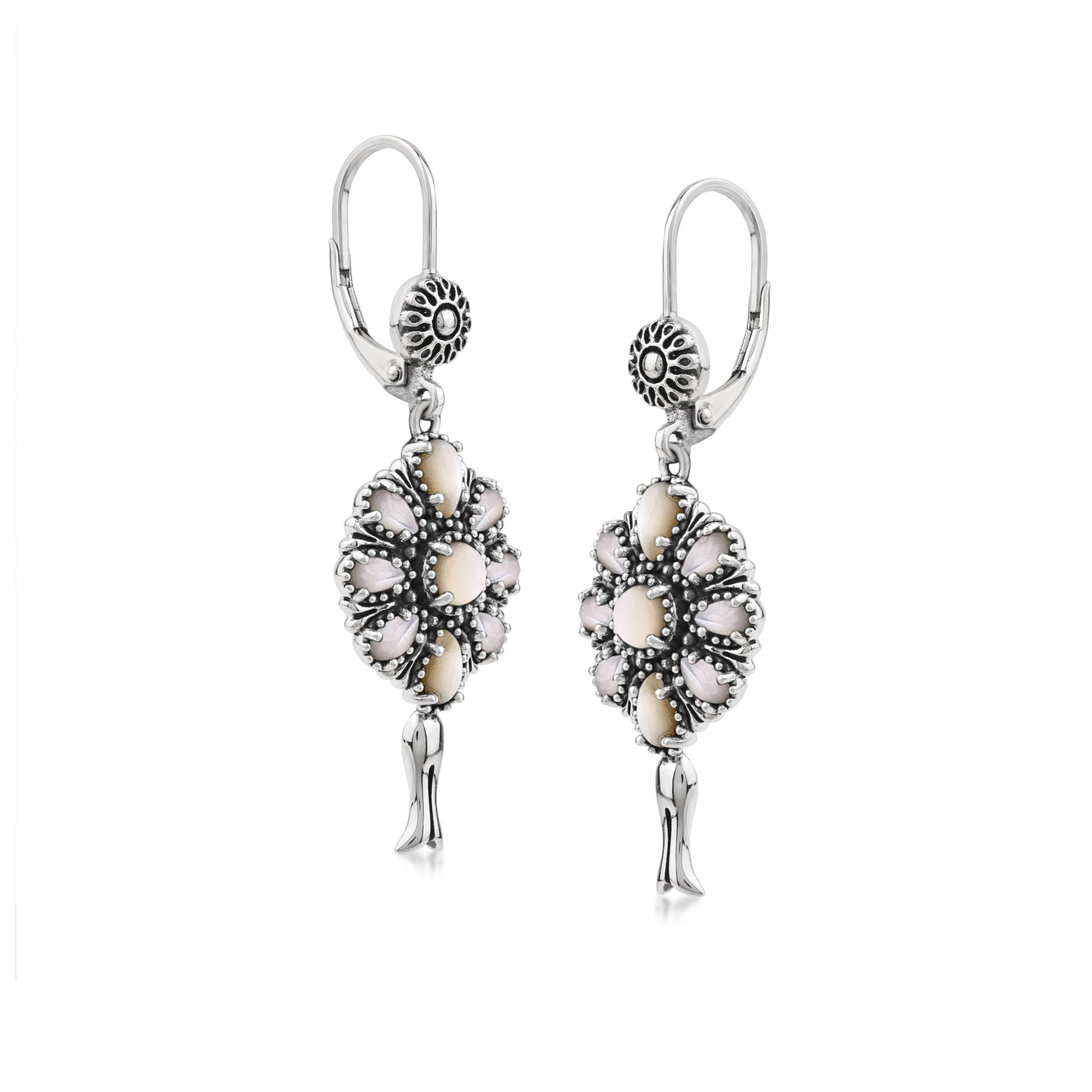  Sterling Silver White Mother of Pearl Flower Cluster Squash Blossom Earrings