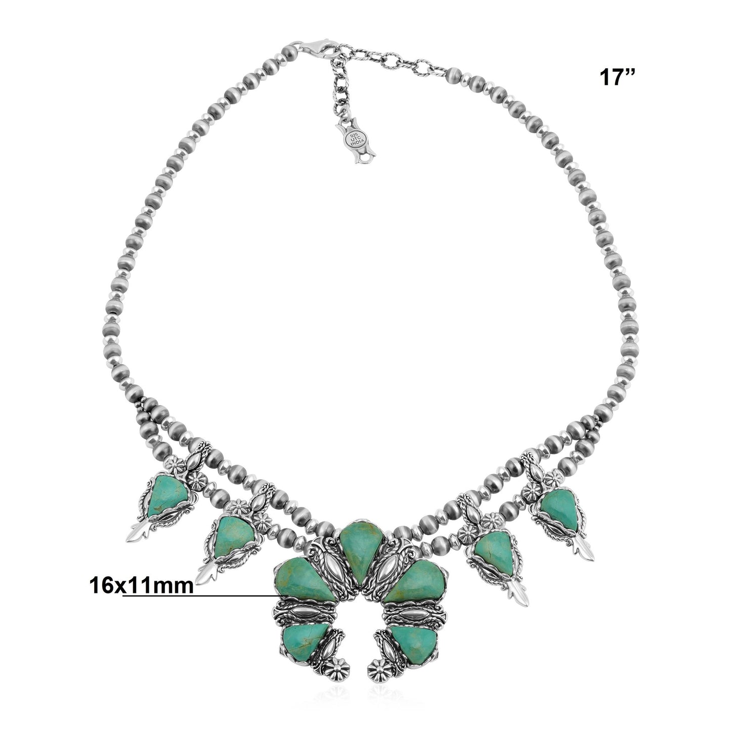 Sterling Silver Green Turquoise Pear Gemstone Squash Blossom Necklace, 17 to 20 Inches