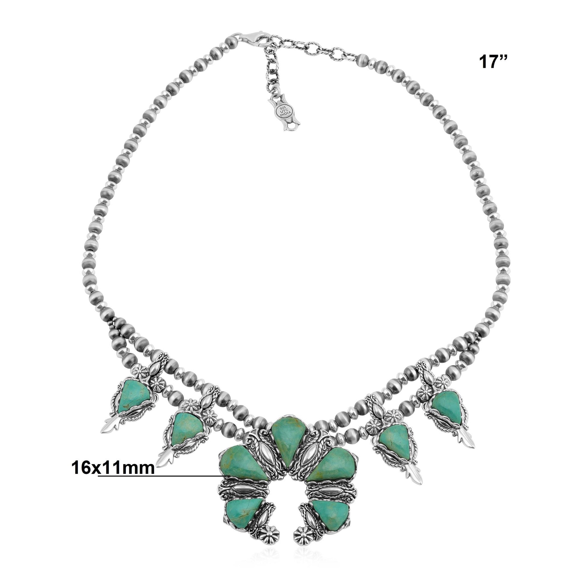 Sterling Silver Green Turquoise Pear Gemstone Squash Blossom Necklace, 17 to 20 Inches