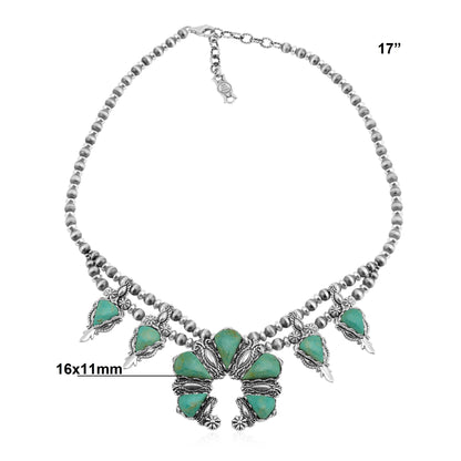 Sterling Silver Green Turquoise Pear Gemstone Squash Blossom Necklace, 17 to 20 Inches