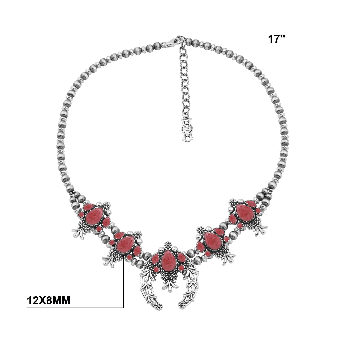 LIMITED EDITION! Sterling Silver Rhodonite Pear Cut Squash Blossom Naja Necklace, 17 to 20 Inches