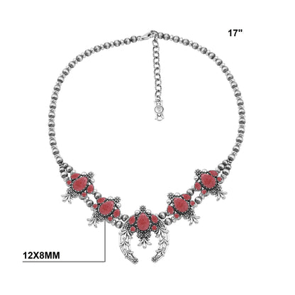 LIMITED EDITION! Sterling Silver Rhodonite Pear Cut Squash Blossom Naja Necklace, 17 to 20 Inches