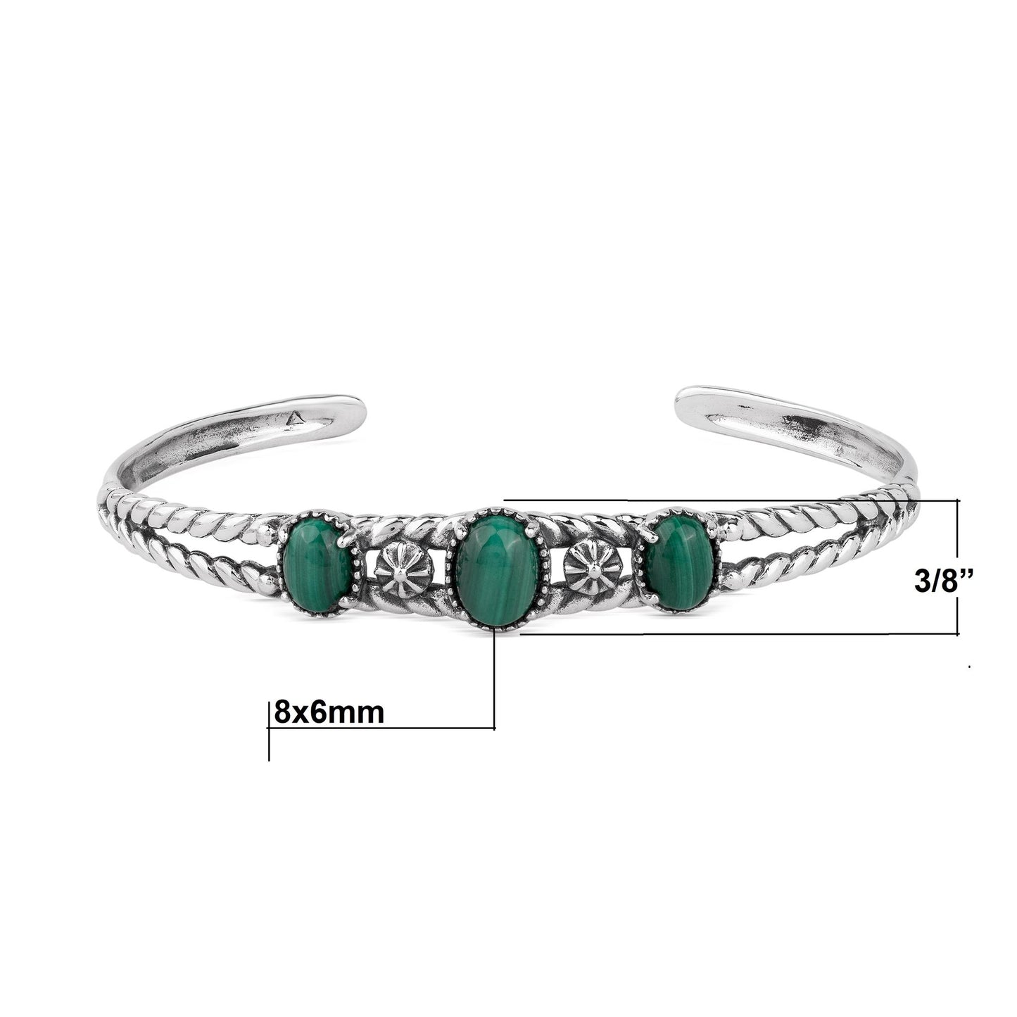 EXCLUSIVELY OURS! Sterling Silver Malachite Oval Rope Friendship Cuff Bracelet, Sizes Small to Large