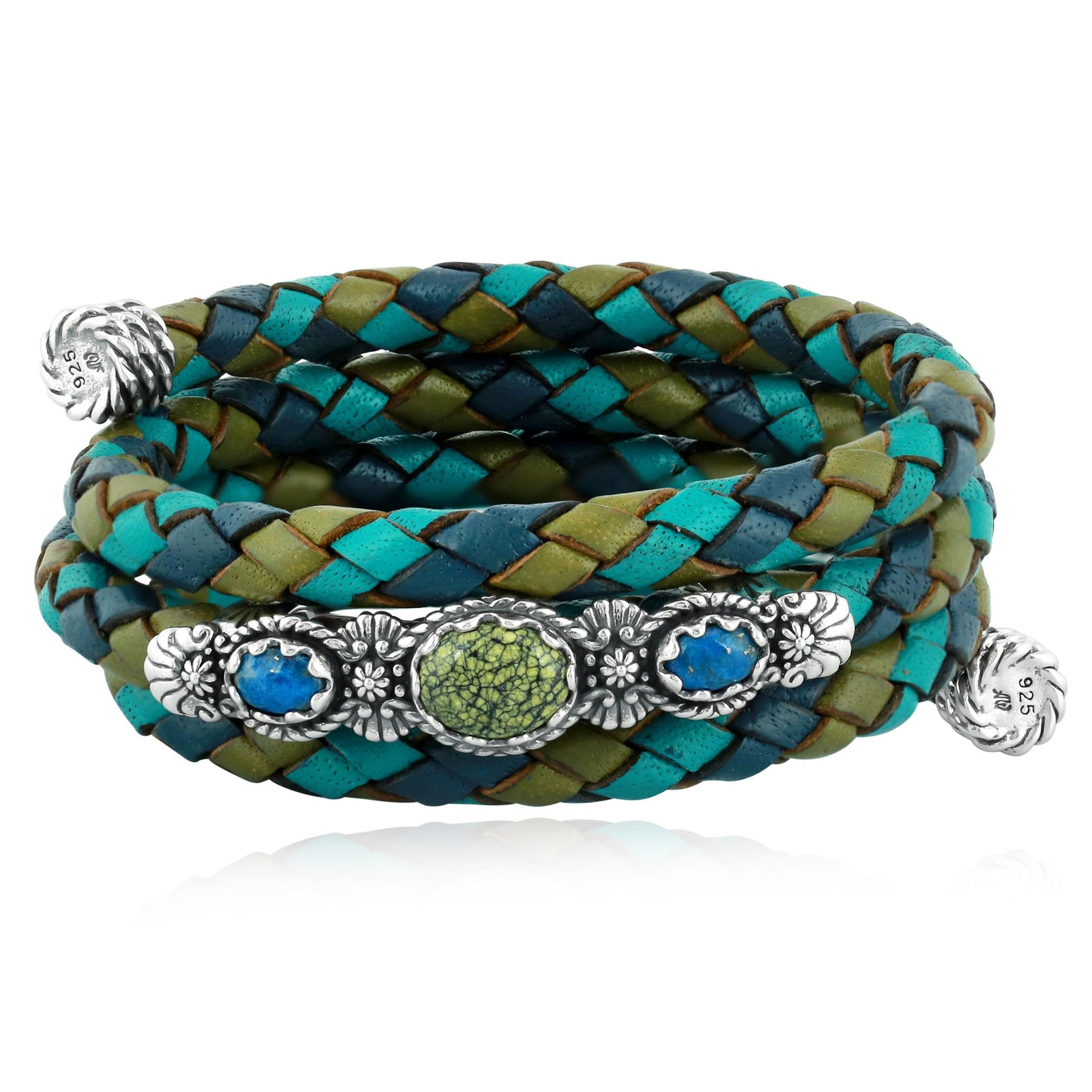 Sterling Silver Serpentine and Lapis Blue Tonal Braided Leather Wrap Bracelet