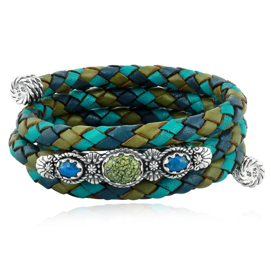 Sterling Silver Serpentine and Lapis Blue Tonal Braided Leather Wrap Bracelet