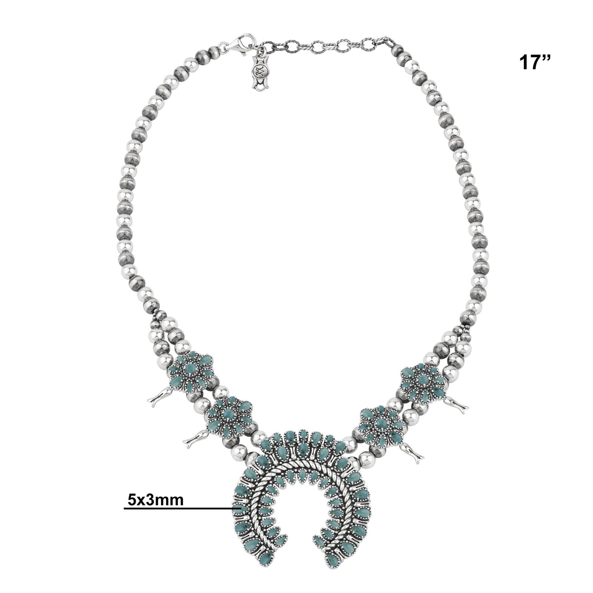  Sterling Silver Green Turquoise Petit Point Naja Squash Blossom Necklace