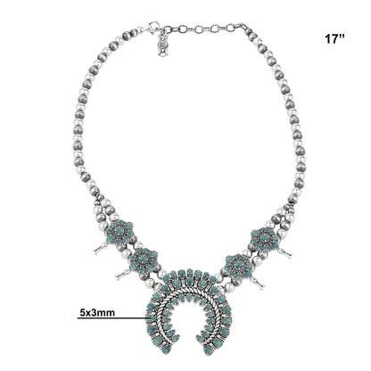  Sterling Silver Green Turquoise Petit Point Naja Squash Blossom Necklace