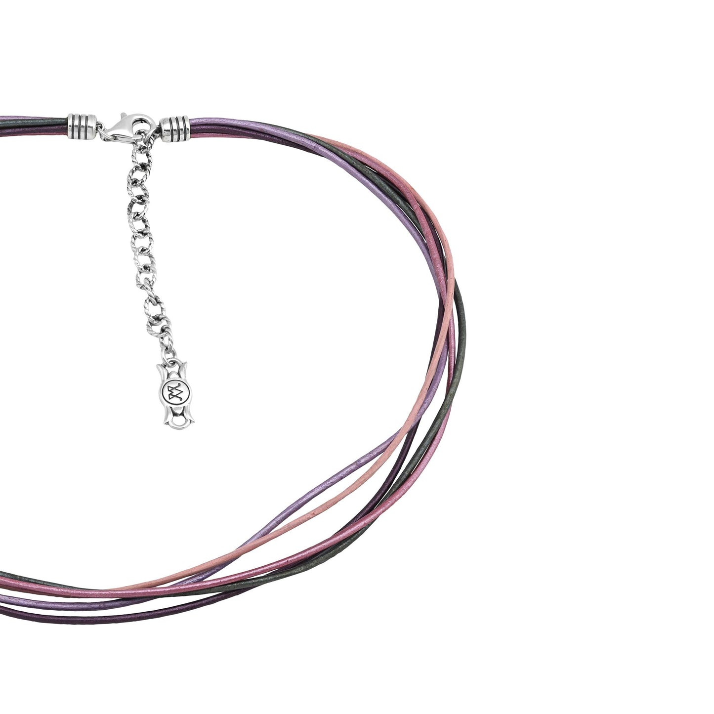 Sterling Silver Pink Leather 5 Strand Necklace, 17 to 20 Inches