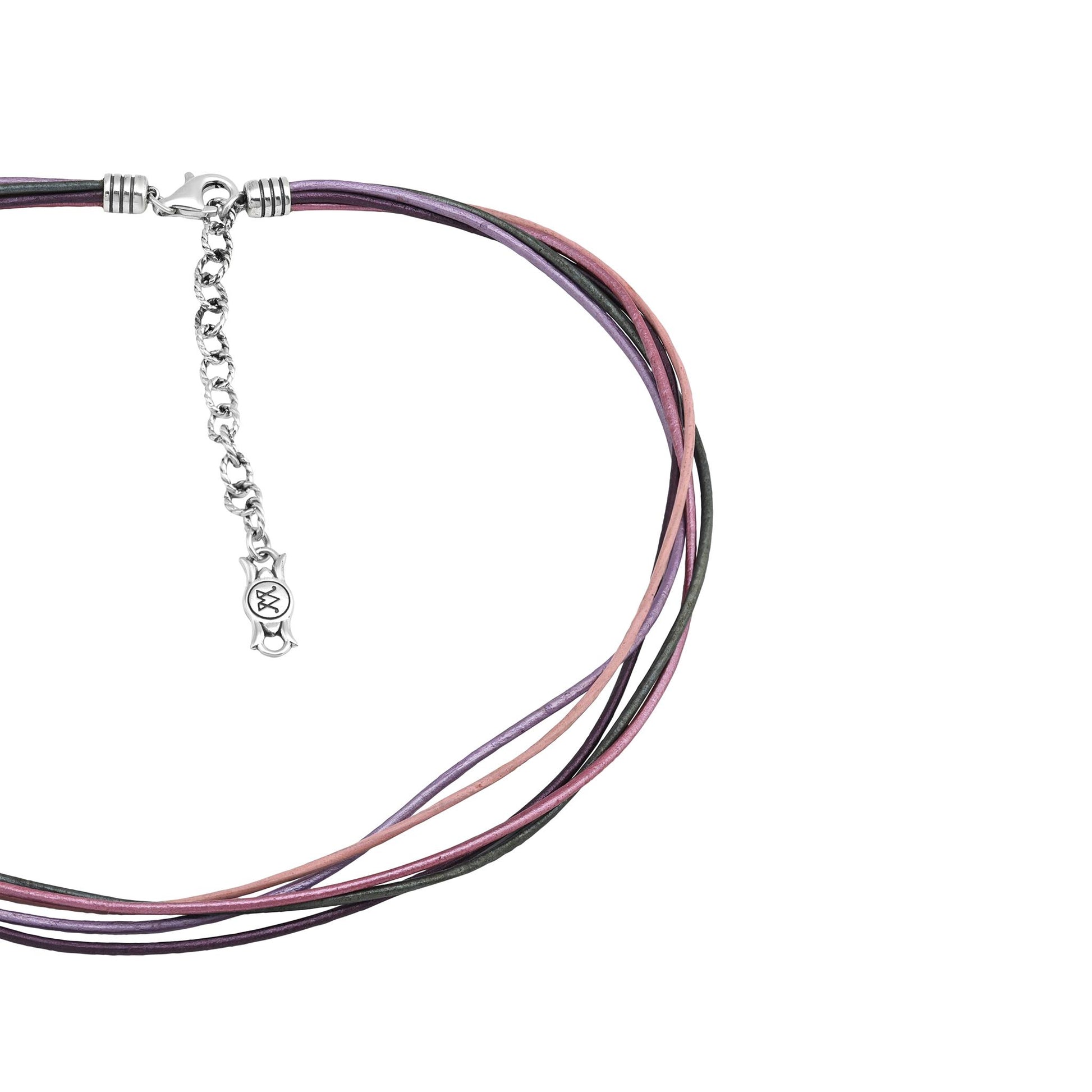 Sterling Silver Pink Leather 5 Strand Necklace, 17 to 20 Inches