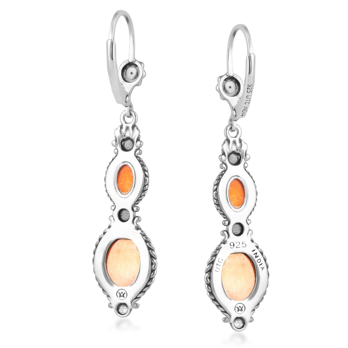 Sterling Silver Orange Spiny Oyster Oval Cut Dangle Earrings