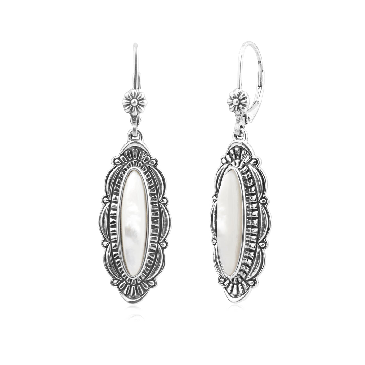 Sterling Silver White Mother of Pearl Elongated Oval Textured Lever Back Earrings 