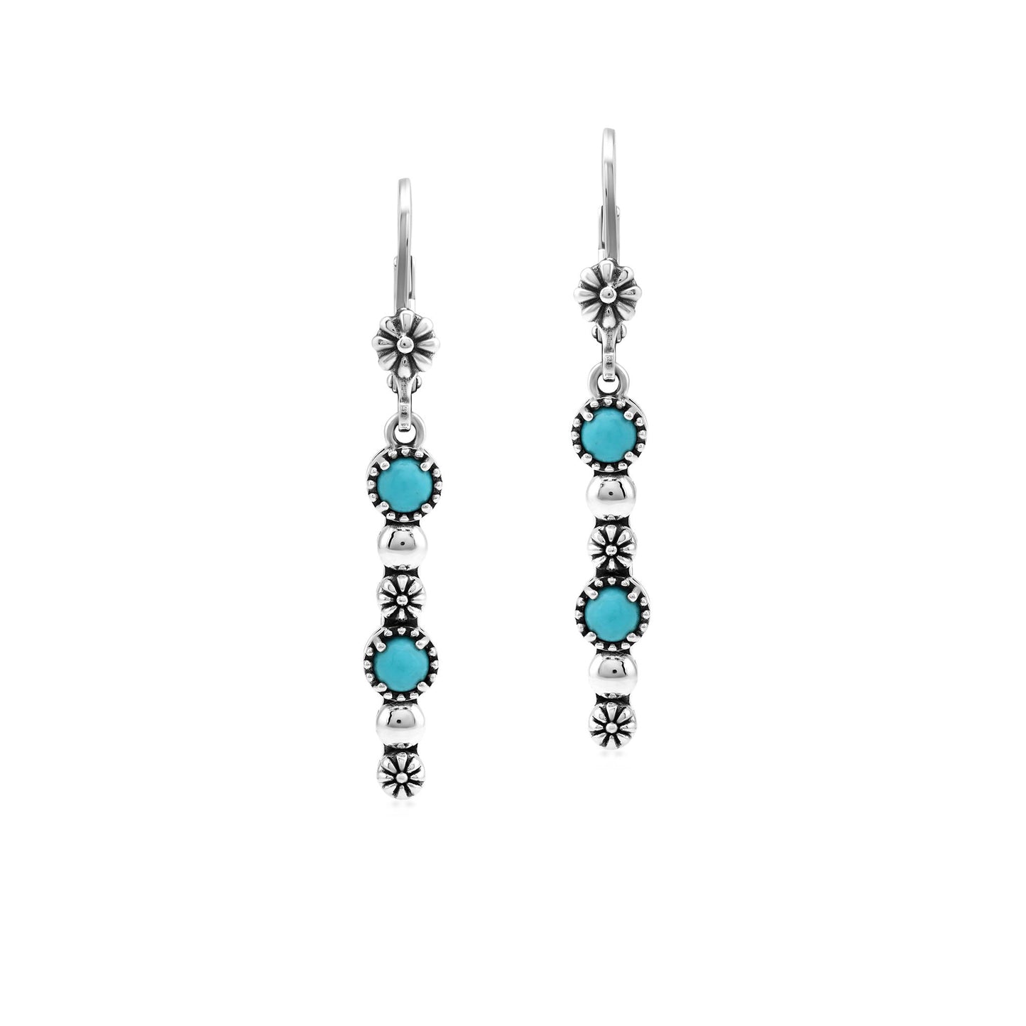 Sterling Silver Sleeping Beauty Turquoise Round Gemstone and Concha Linear Lever Back Earrings
