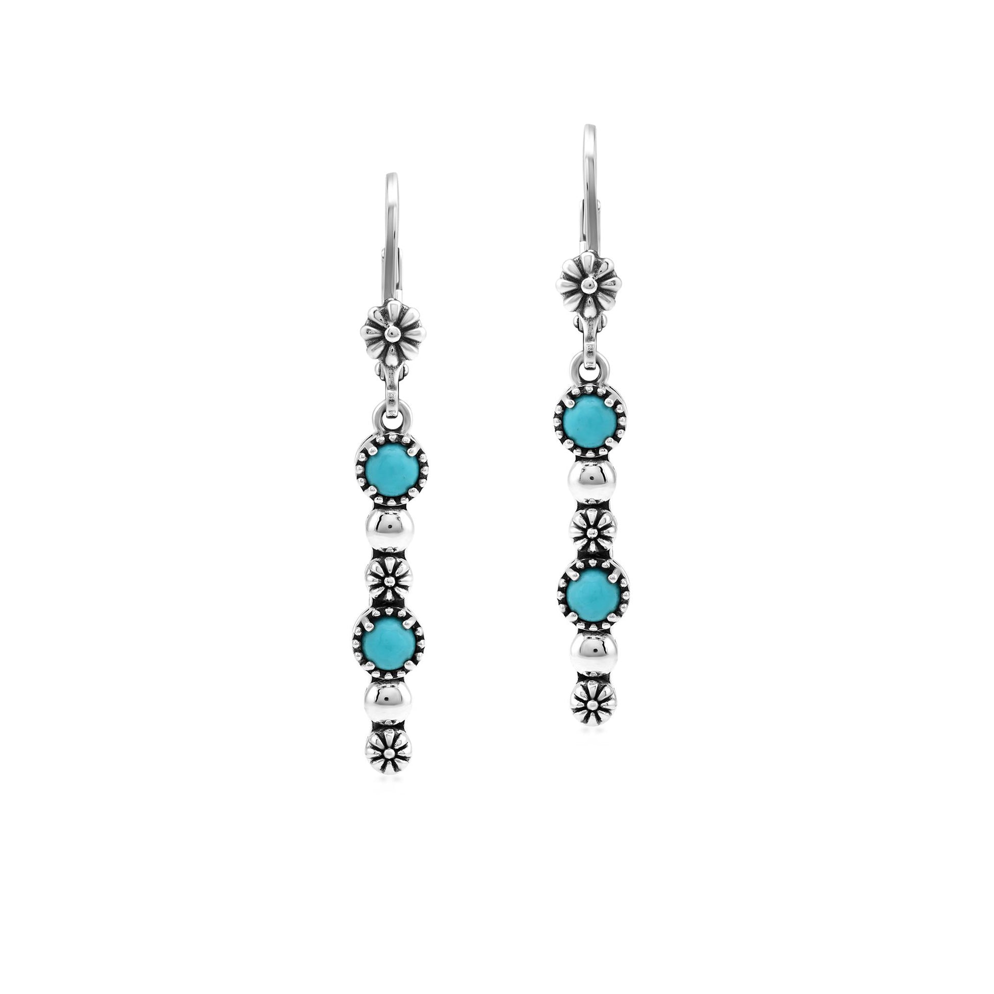 Sterling Silver Sleeping Beauty Turquoise Round Gemstone and Concha Linear Lever Back Earrings
