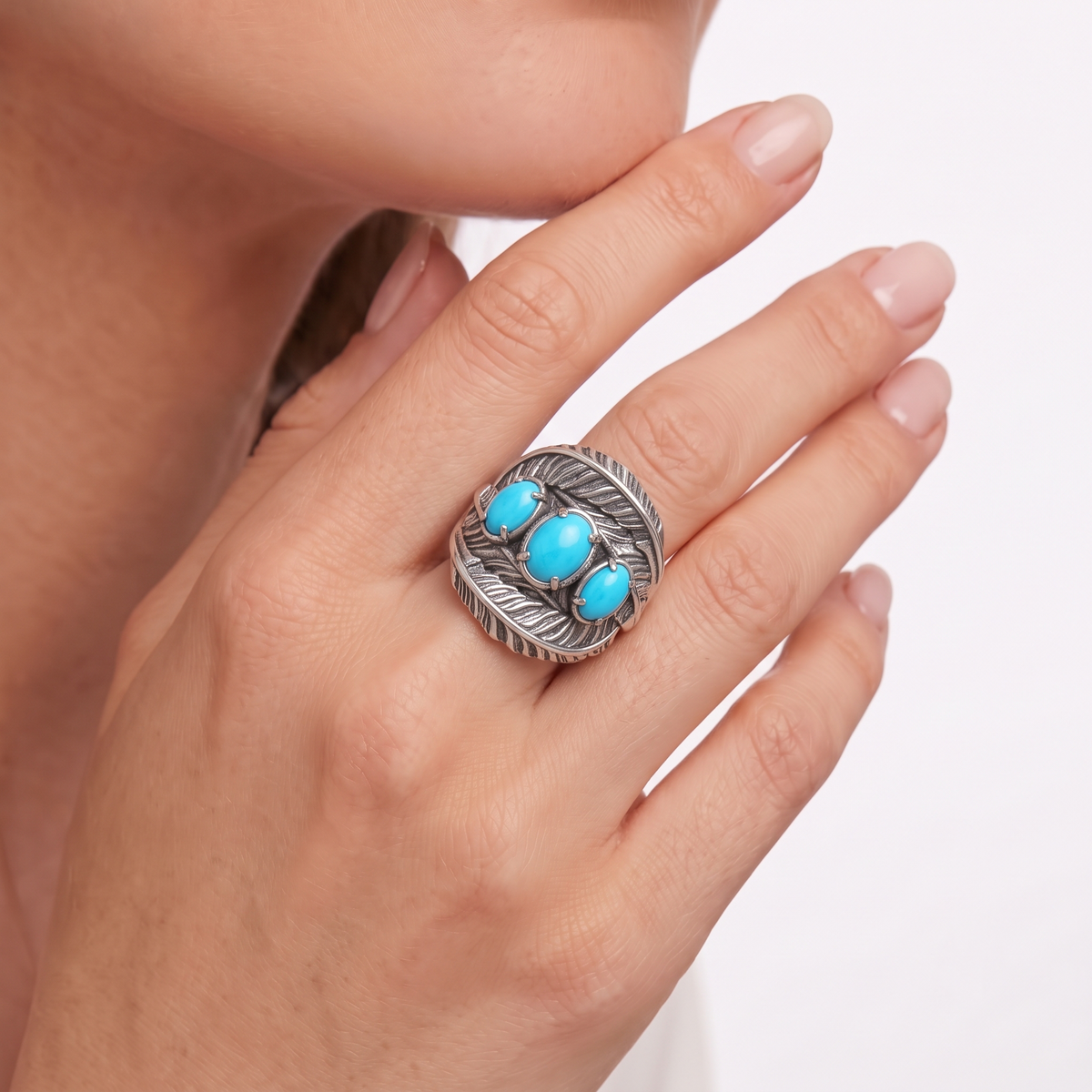 Sterling Silver Sleeping Beauty Turquoise Three-Stone Oval Cut Feather Ring, Sizes 5 to 11