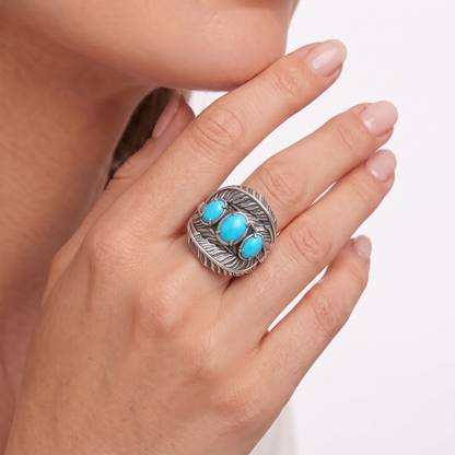 Sterling Silver Sleeping Beauty Turquoise Three-Stone Oval Cut Feather Ring, Sizes 5 to 11