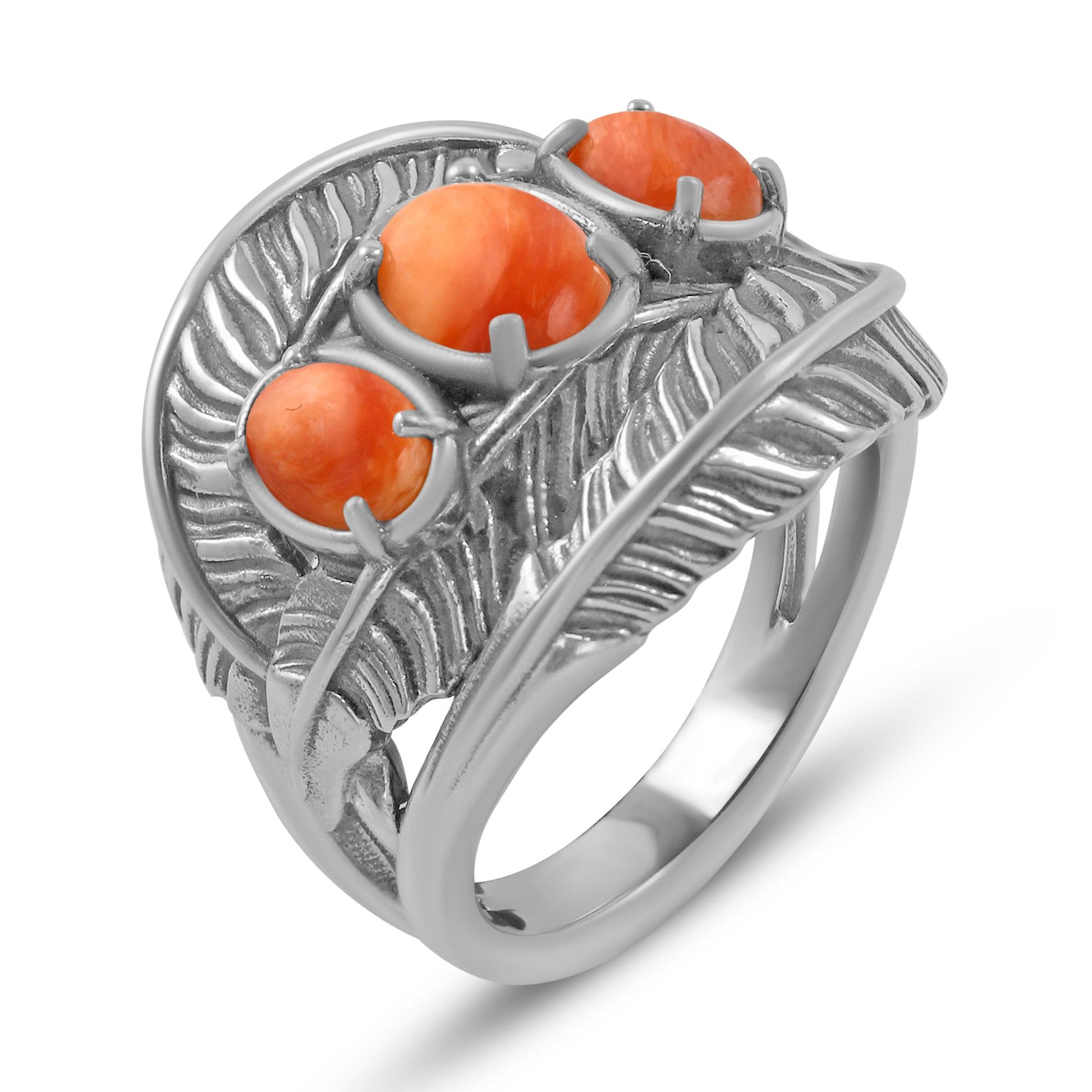 Sterling Silver Orange Spiny Oyster Three-Stone Oval Cut Feather Ring