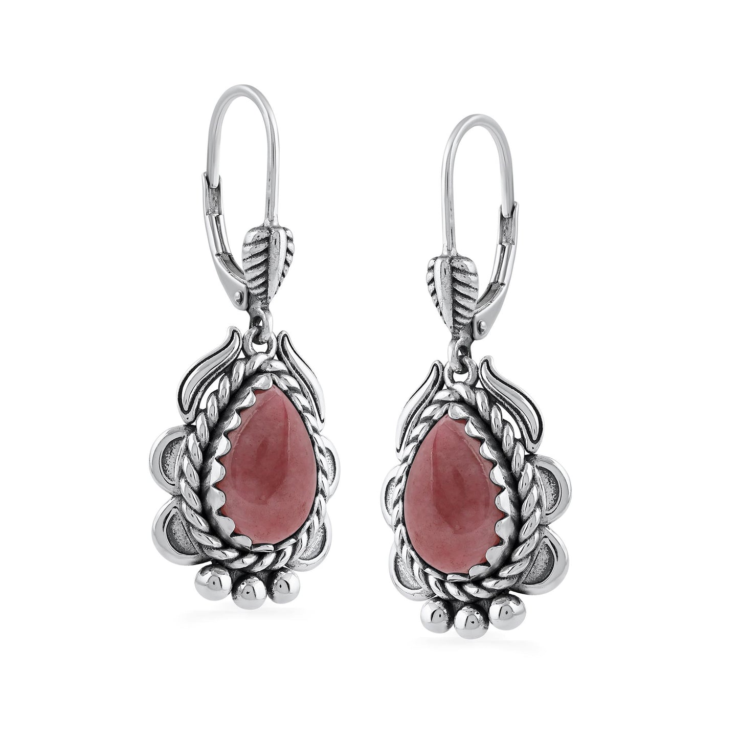 Sterling Silver Rhodonite Pear-Cut Rope Design Lever Back Earrings