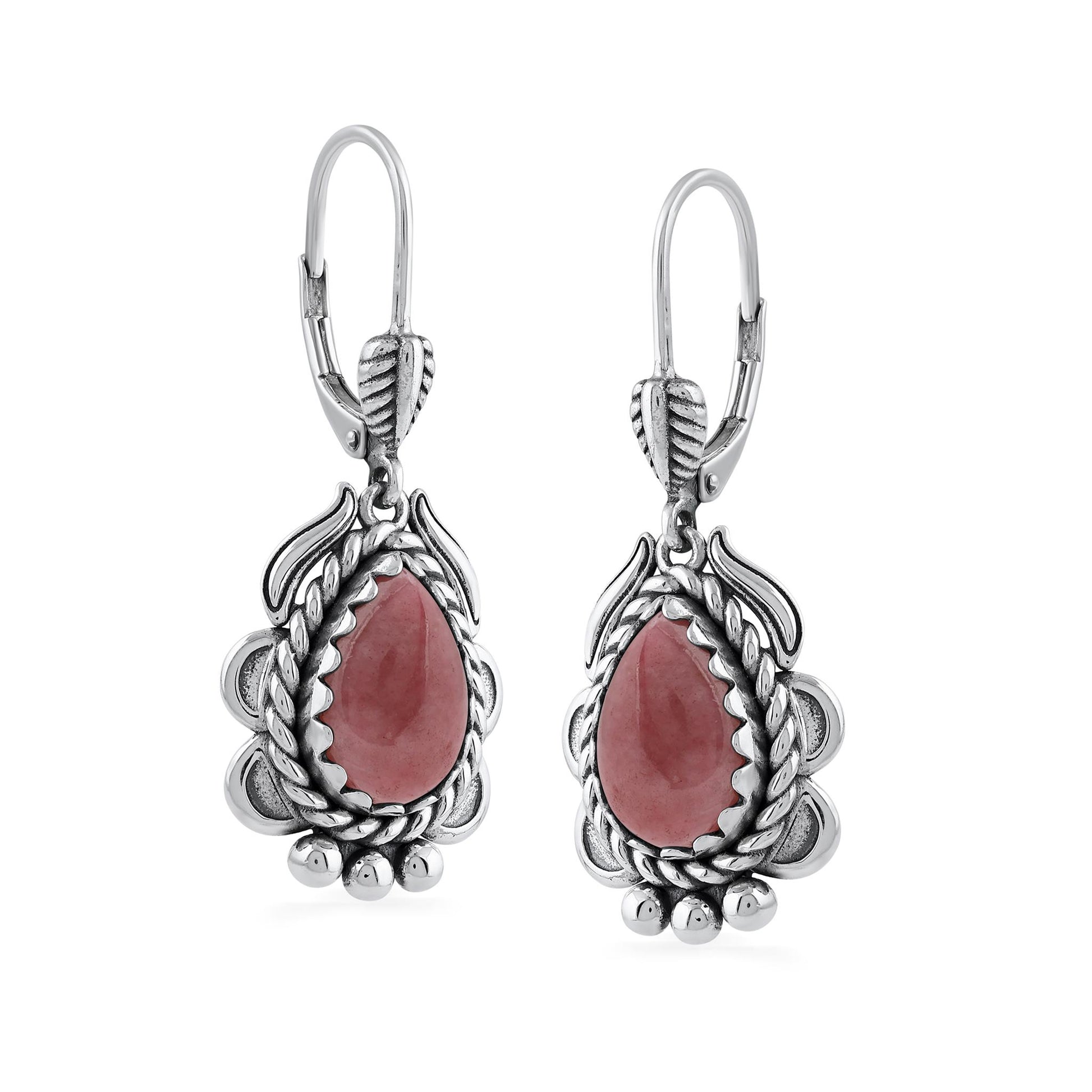 Sterling Silver Rhodonite Pear-Cut Rope Design Lever Back Earrings