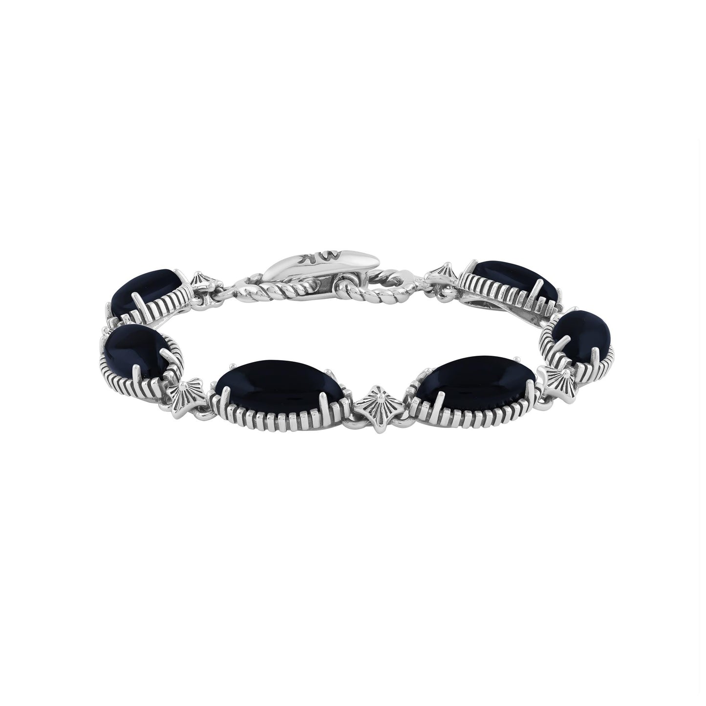  Sterling Silver Black Onyx Marquise Cut Link Bracelet