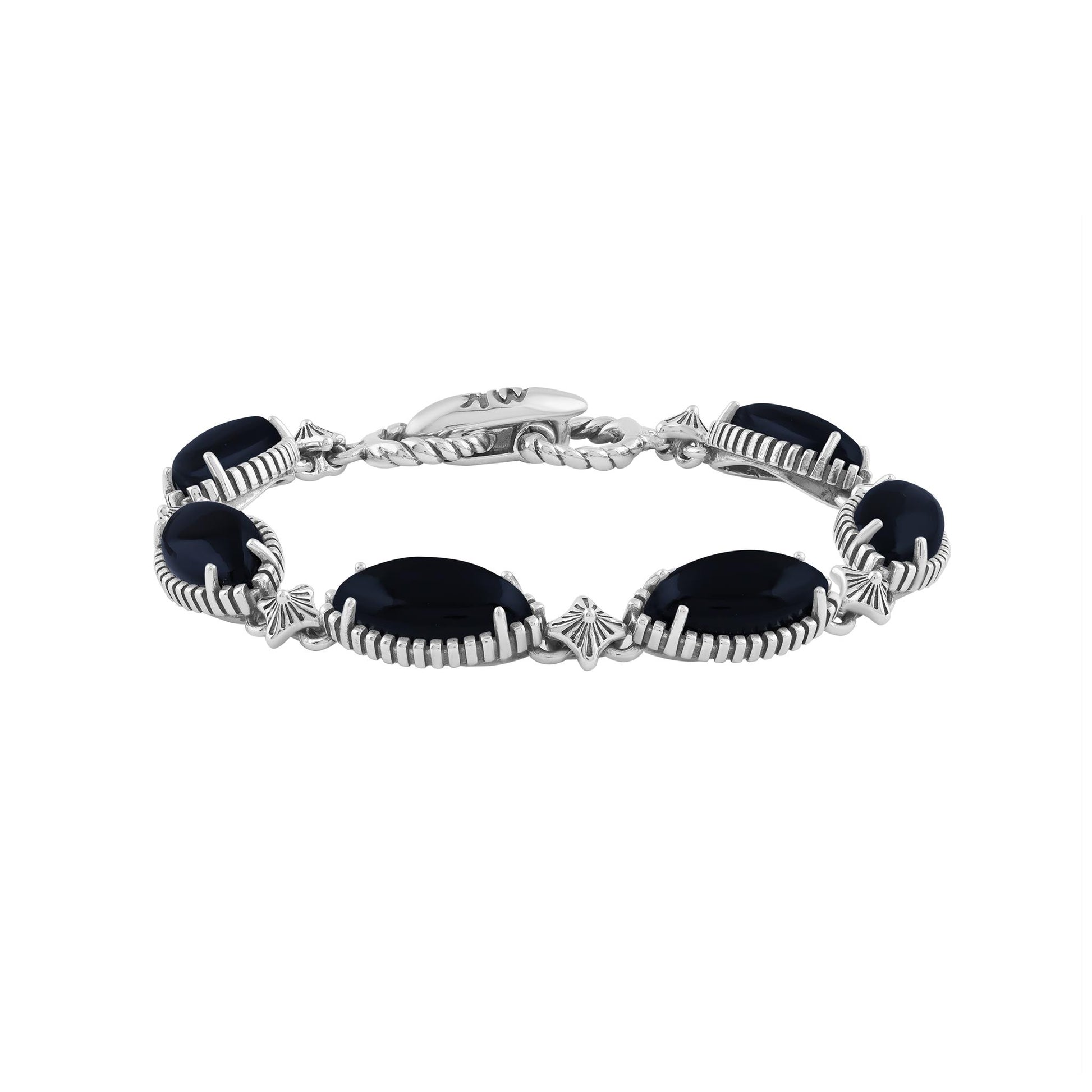 Sterling Silver Black Onyx Marquise Cut Link Bracelet