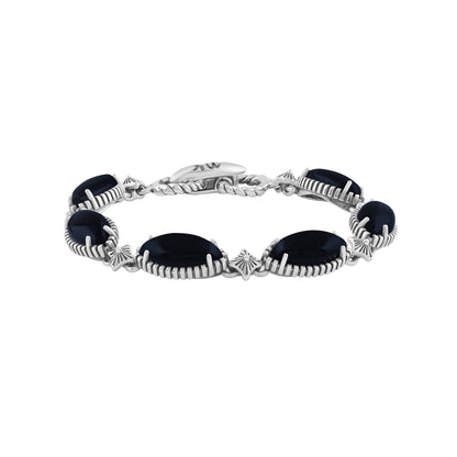  Sterling Silver Black Onyx Marquise Cut Link Bracelet